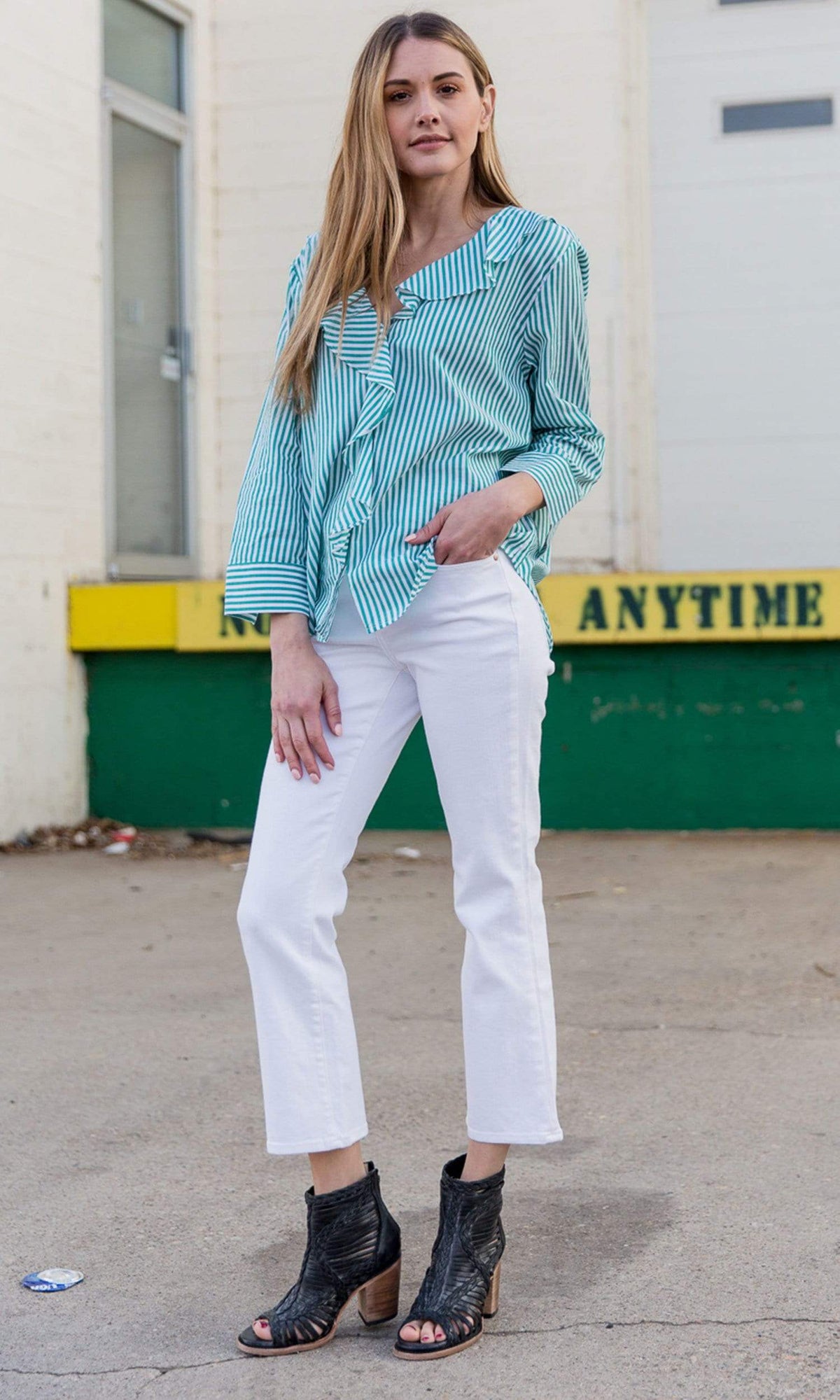 Velvet by Graham &amp; Spencer Hama Striped Ruffle Front Button Up Top