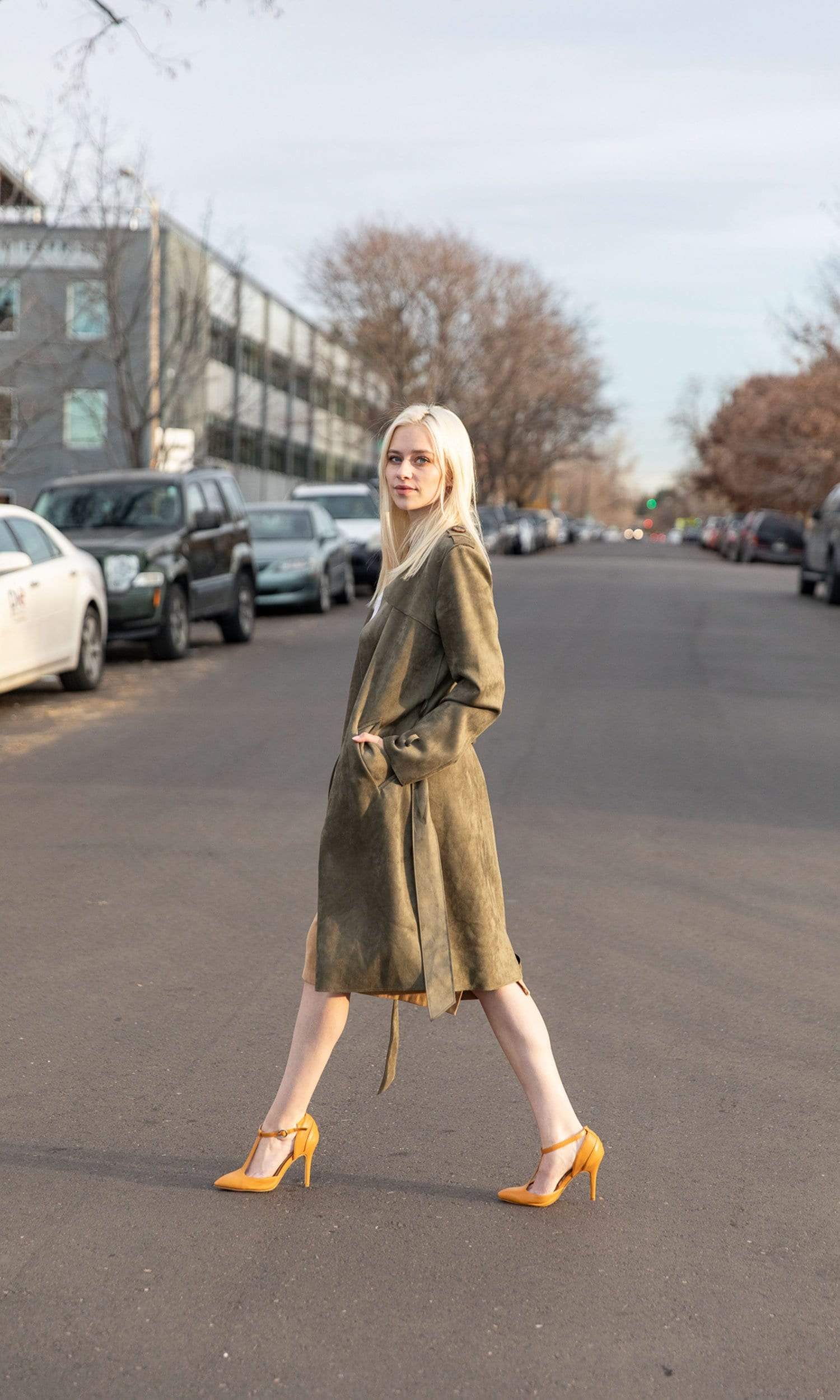 Love Token Adrianna Faux Suede Trench Coat - Olive