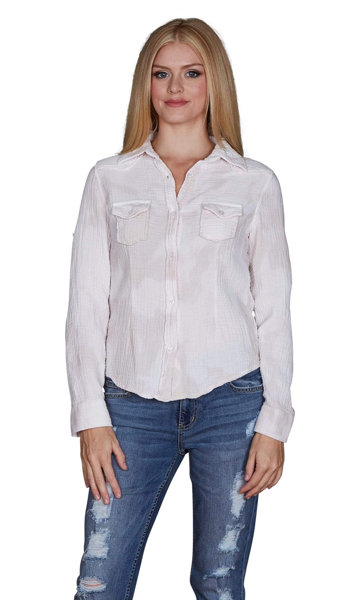 Nu Vintage Solid Beige Bleach Button Up Top