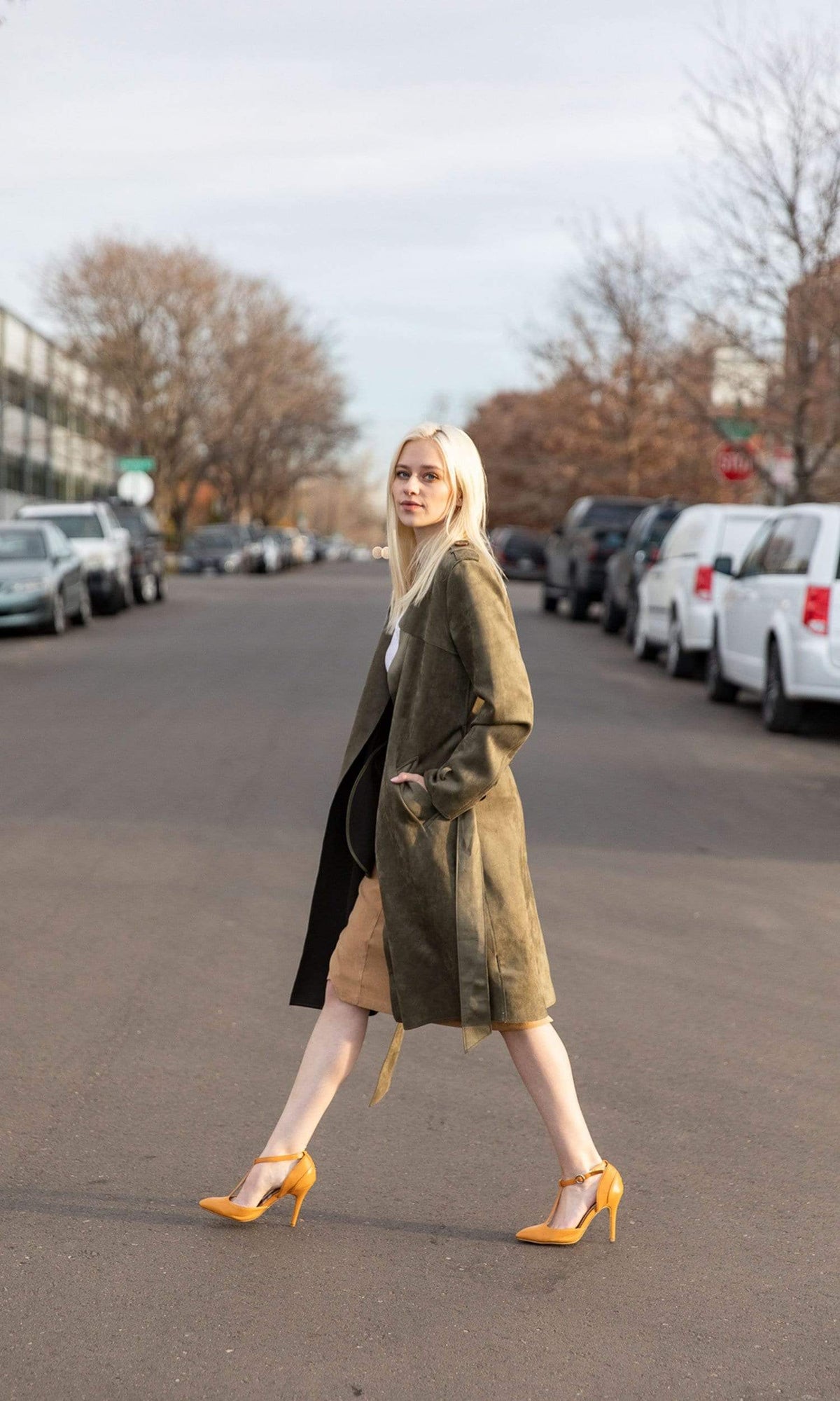 Love Token Adrianna Faux Suede Trench Coat - Olive