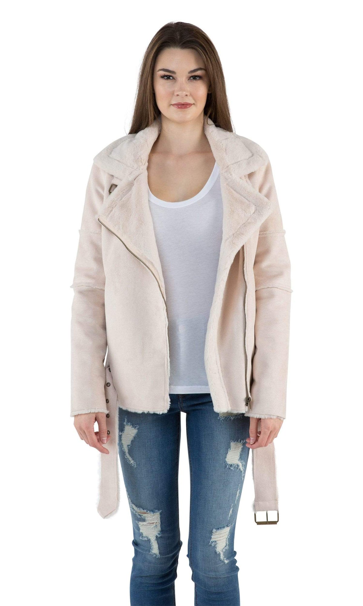 J.O.A. Faux Sherpa Lined Faux Suede Aviator Jacket