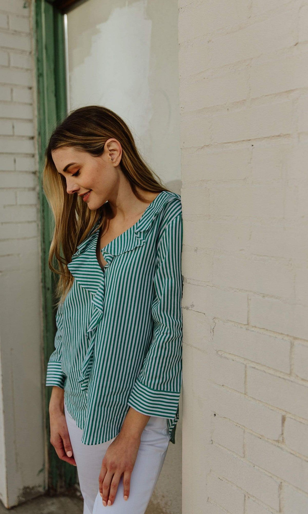 Velvet by Graham &amp; Spencer Hama Striped Ruffle Front Button Up Top