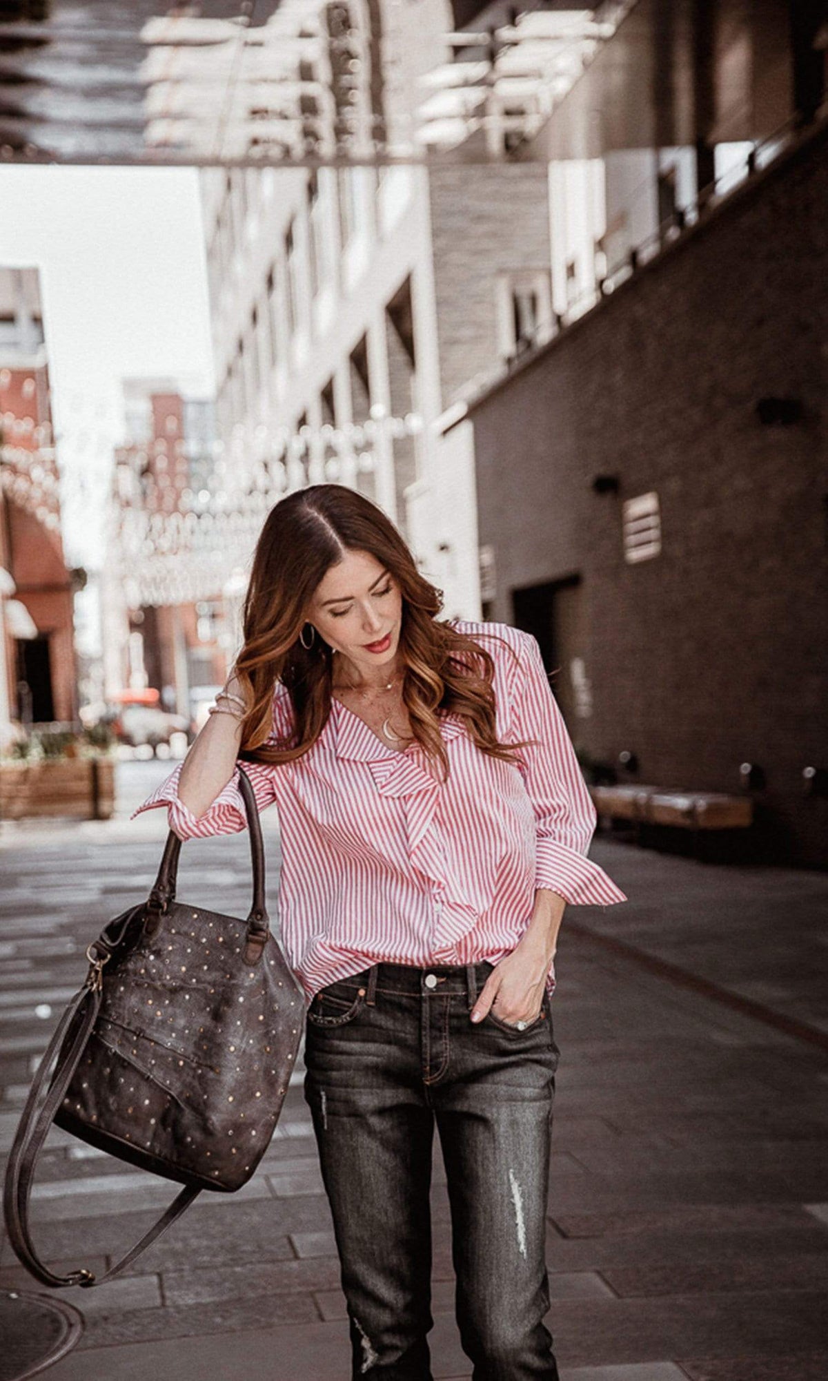 Velvet by Graham &amp; Spencer Hama Striped Ruffle Front Button Up Top