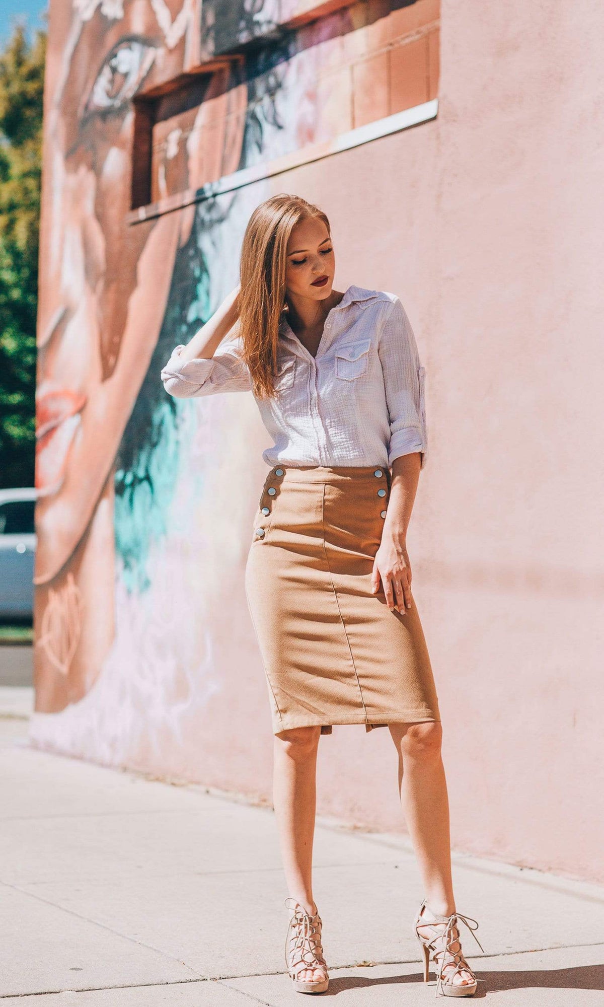 Nu Vintage Solid Beige Bleach Button Up Top