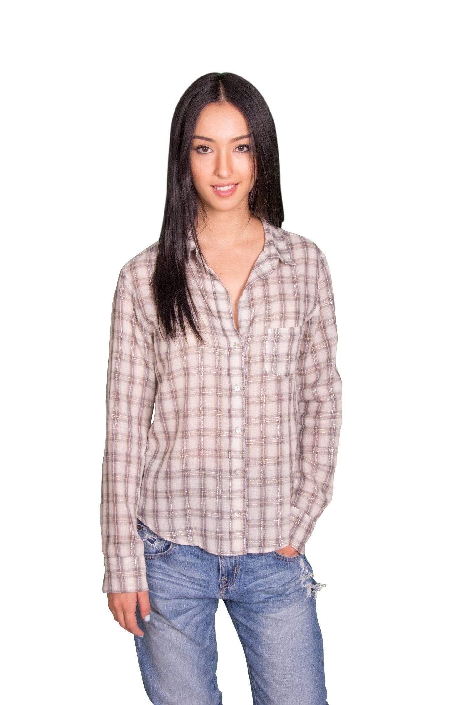 Velvet by Graham & Spencer Setha Plaid Lurex Button-Up Top