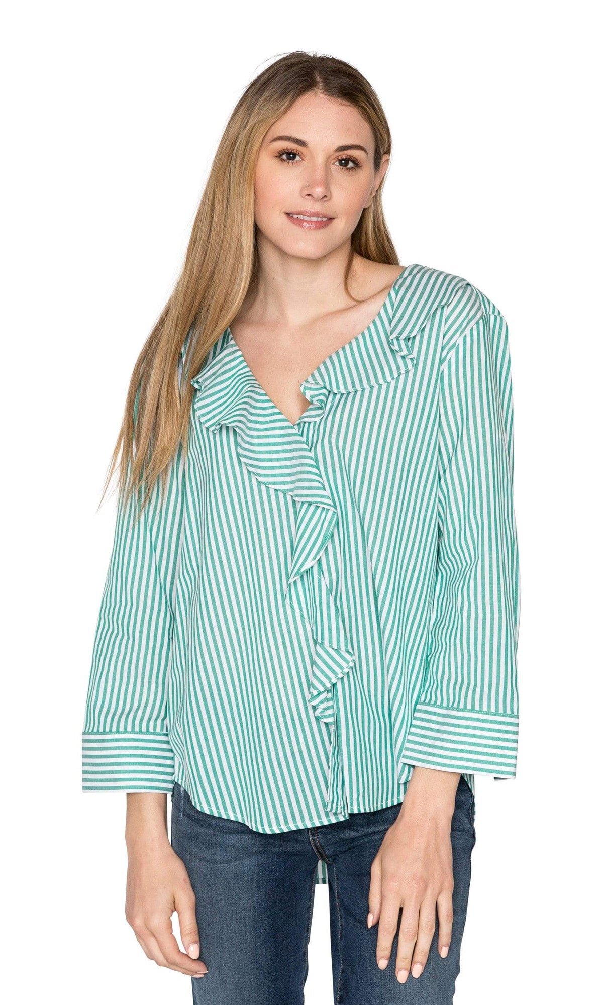 Velvet by Graham &amp; Spencer Hama Striped Ruffle Front Button Up Top