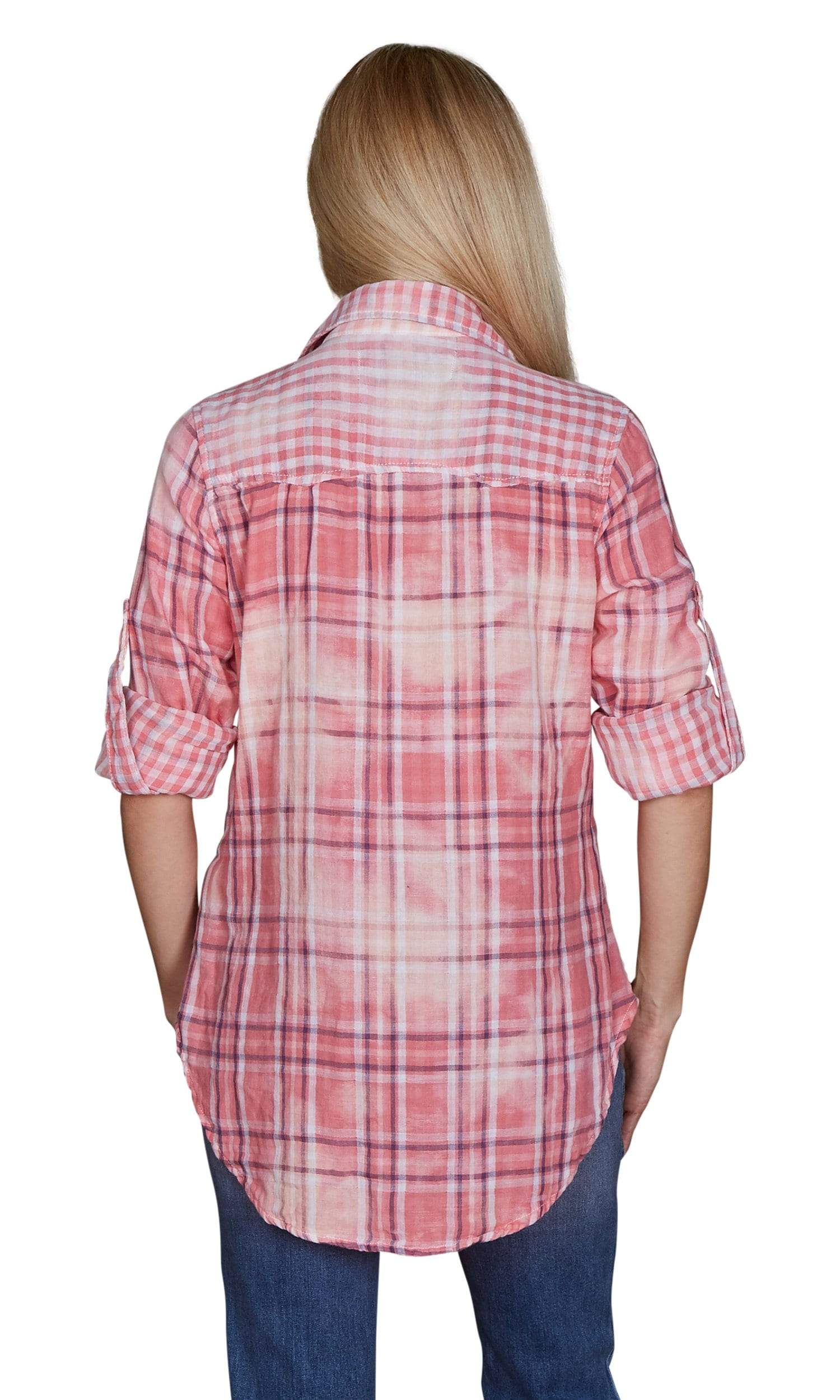 Nu Vintage Coral Check Button Up Top