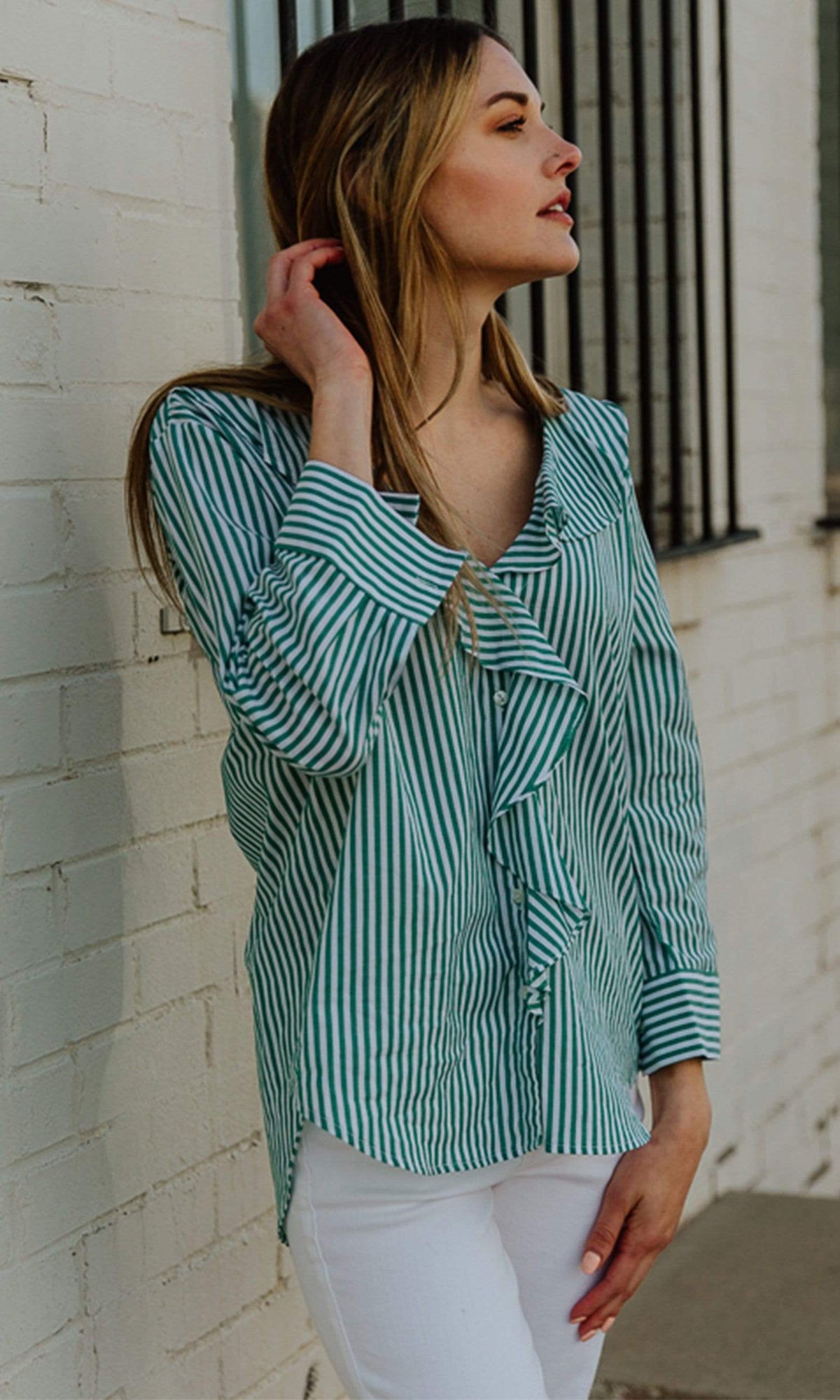 Velvet by Graham &amp; Spencer Hama Striped Ruffle Front Button Up Top