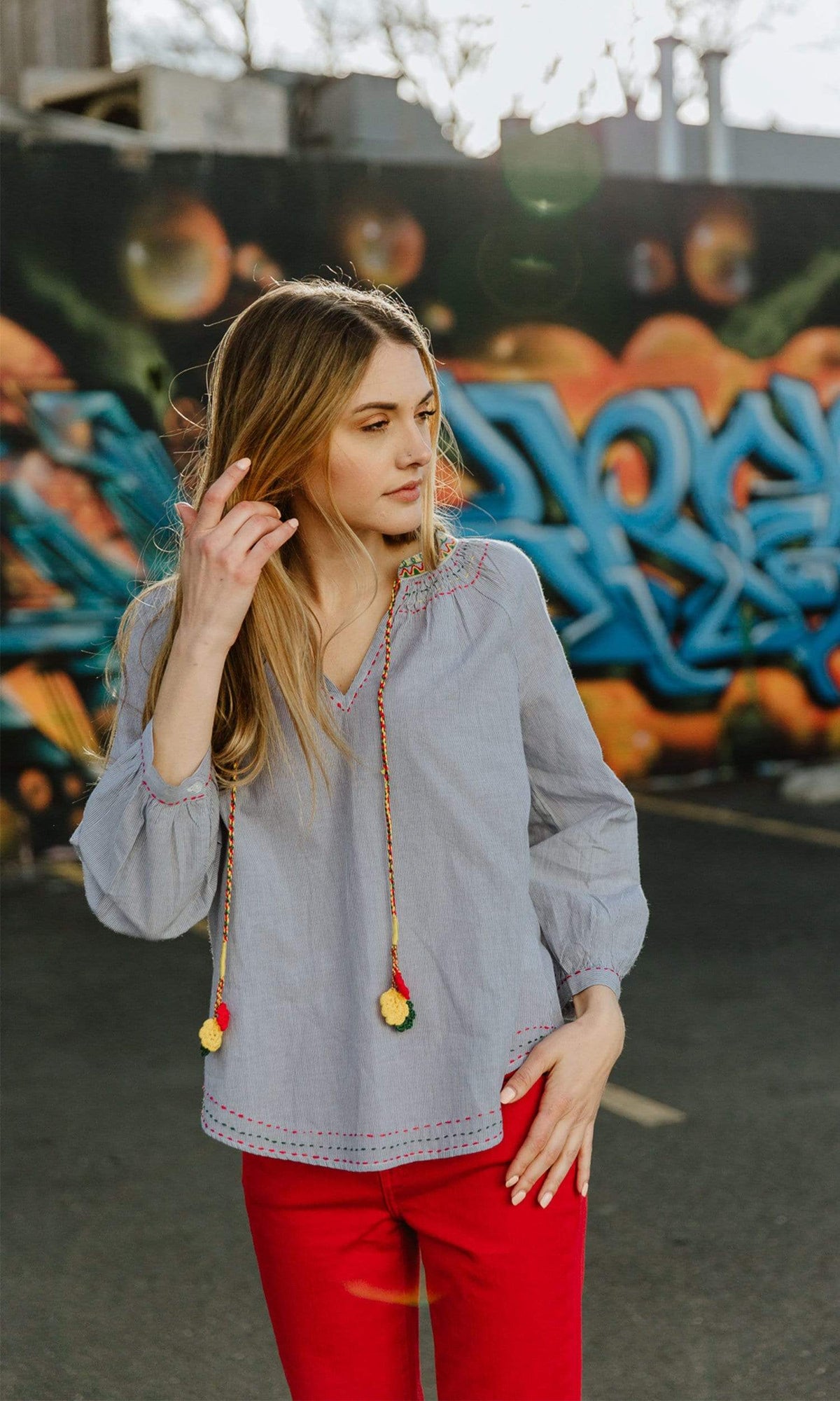 Velvet by Graham &amp; Spencer Neena Shay Embroidered Stripe Peasant Top