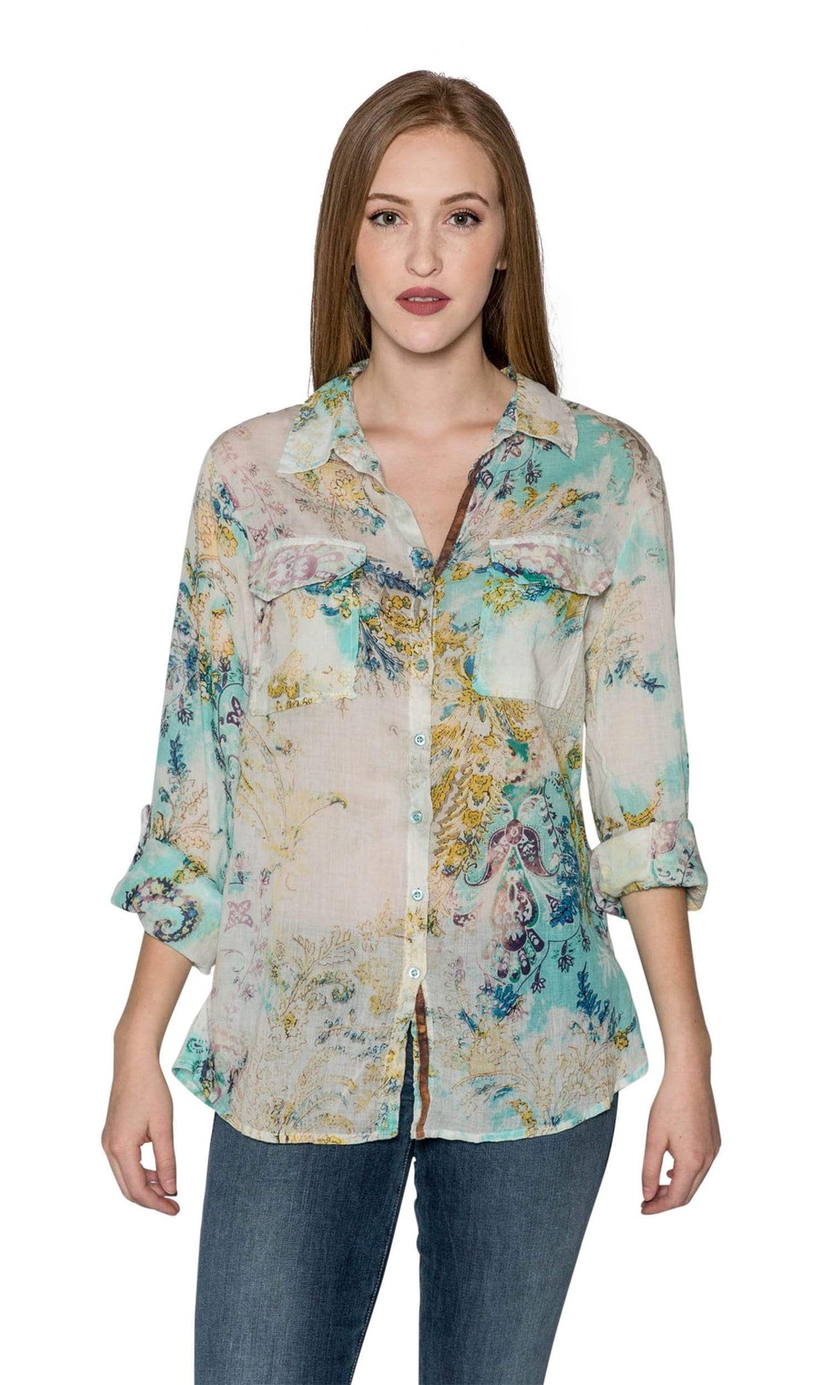 J.A.K. Button Down Teal Floral Shirt
