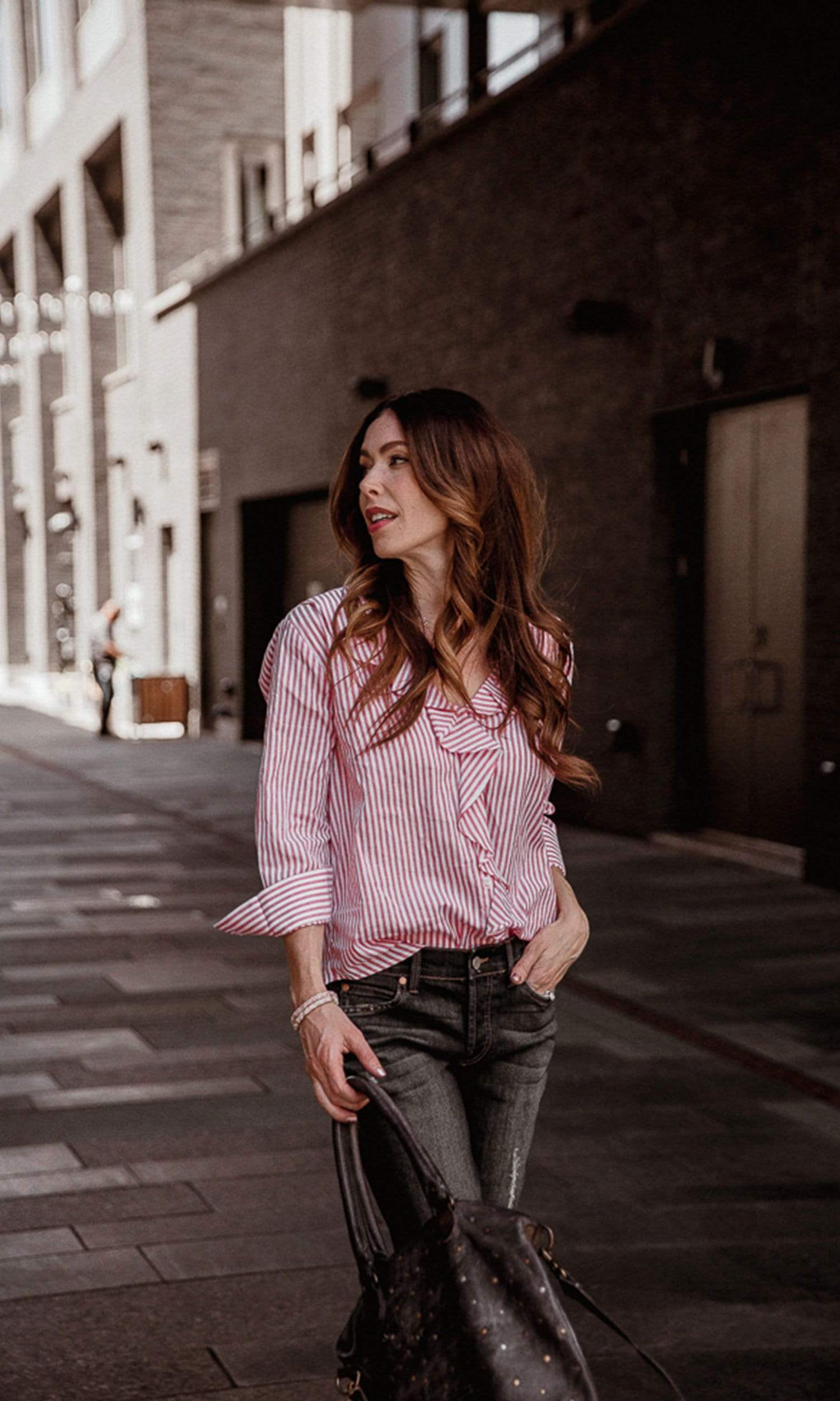 Velvet by Graham & Spencer Hama Striped Ruffle Front Button Up Top