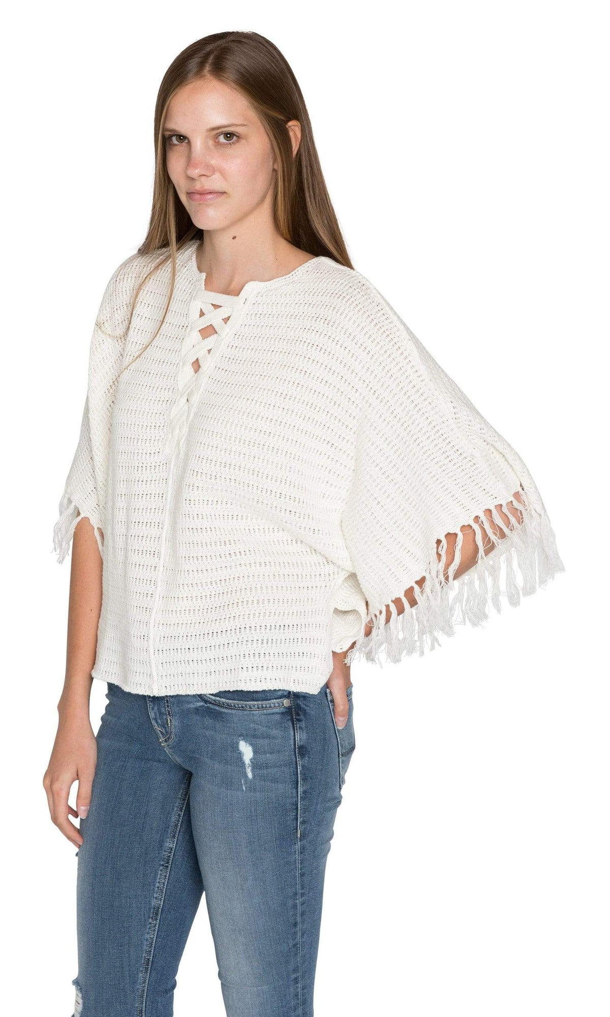 Velvet by Graham &amp; Spencer Ashlie Crochet Knit Fringe Sleeve Sweater