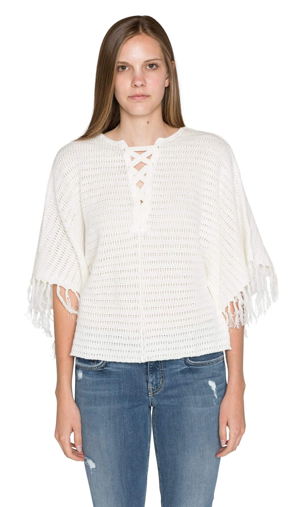 Velvet by Graham &amp; Spencer Ashlie Crochet Knit Fringe Sleeve Sweater