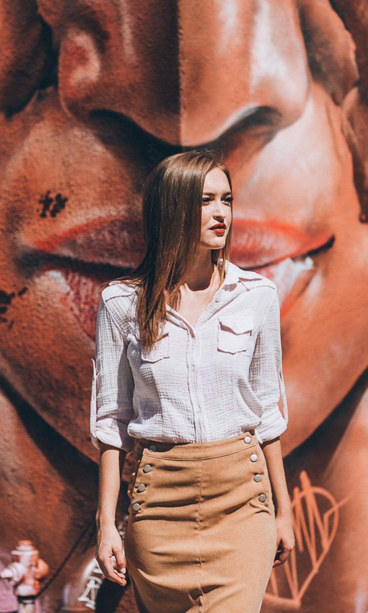 Nu Vintage Solid Beige Bleach Button Up Top