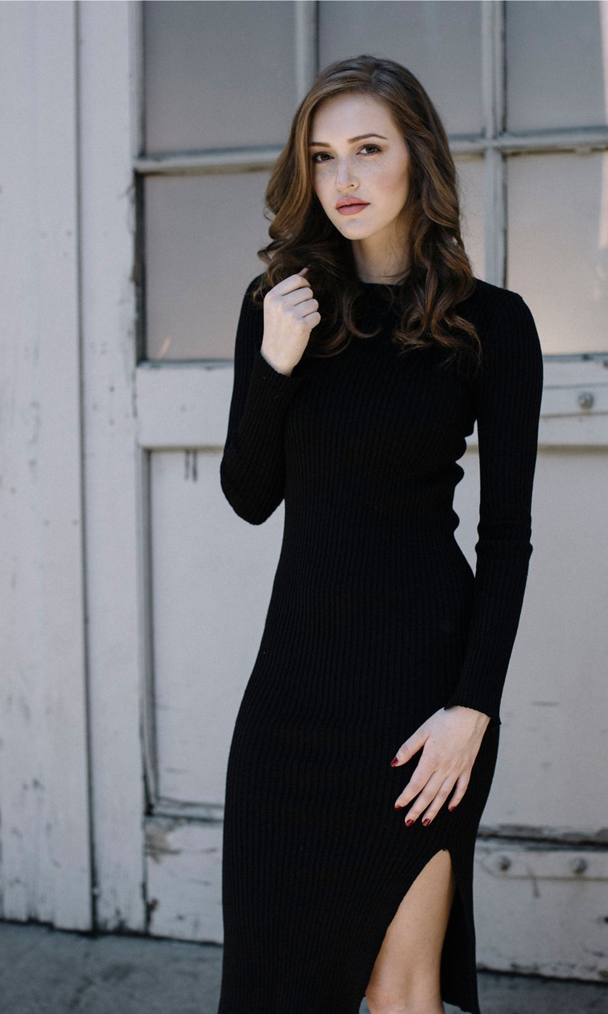 J.O.A. Long Sleeve Midi Dress with Side Slits