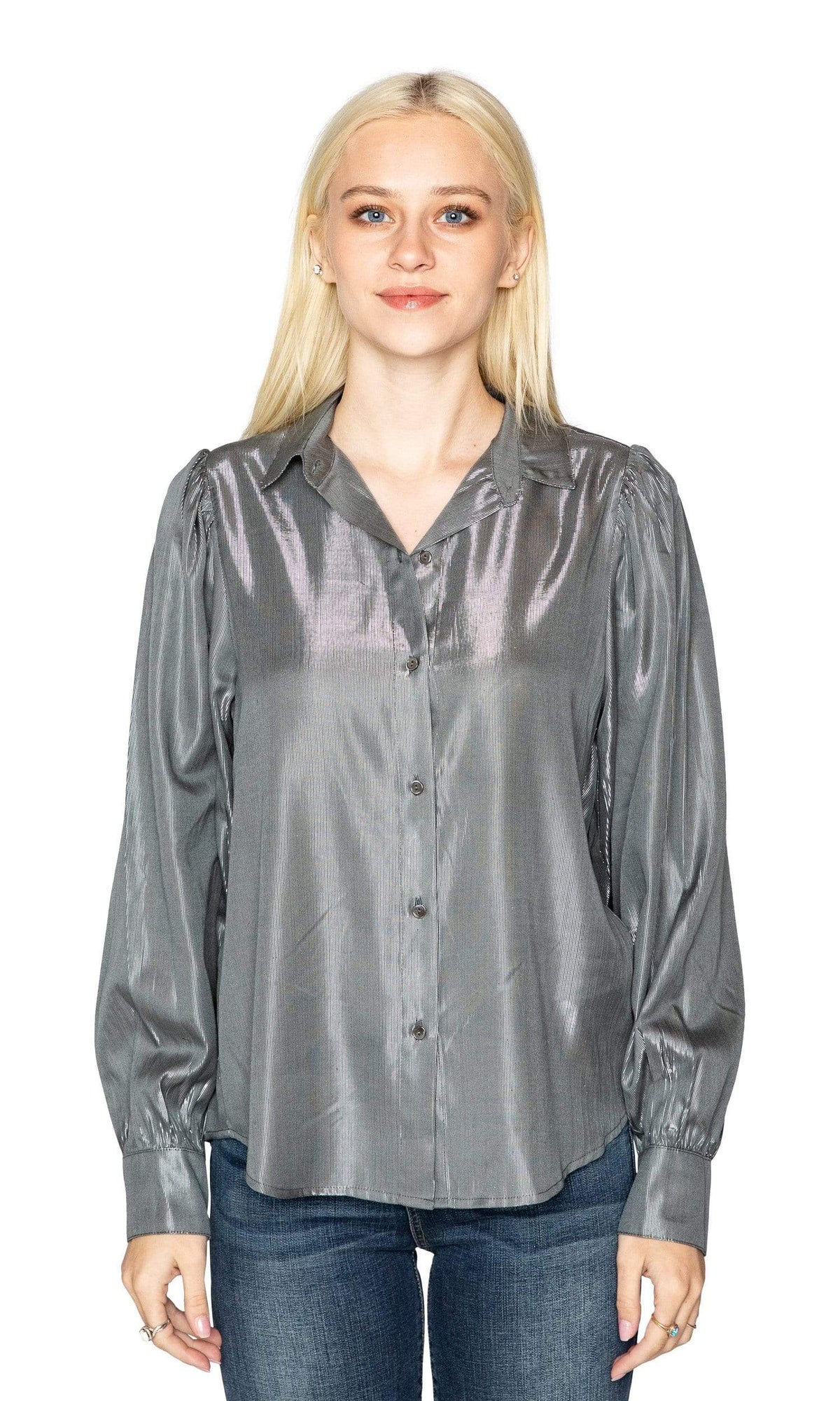 Velvet by Graham &amp; Spencer Dakota Puff Sleeve Lame Button Up Top