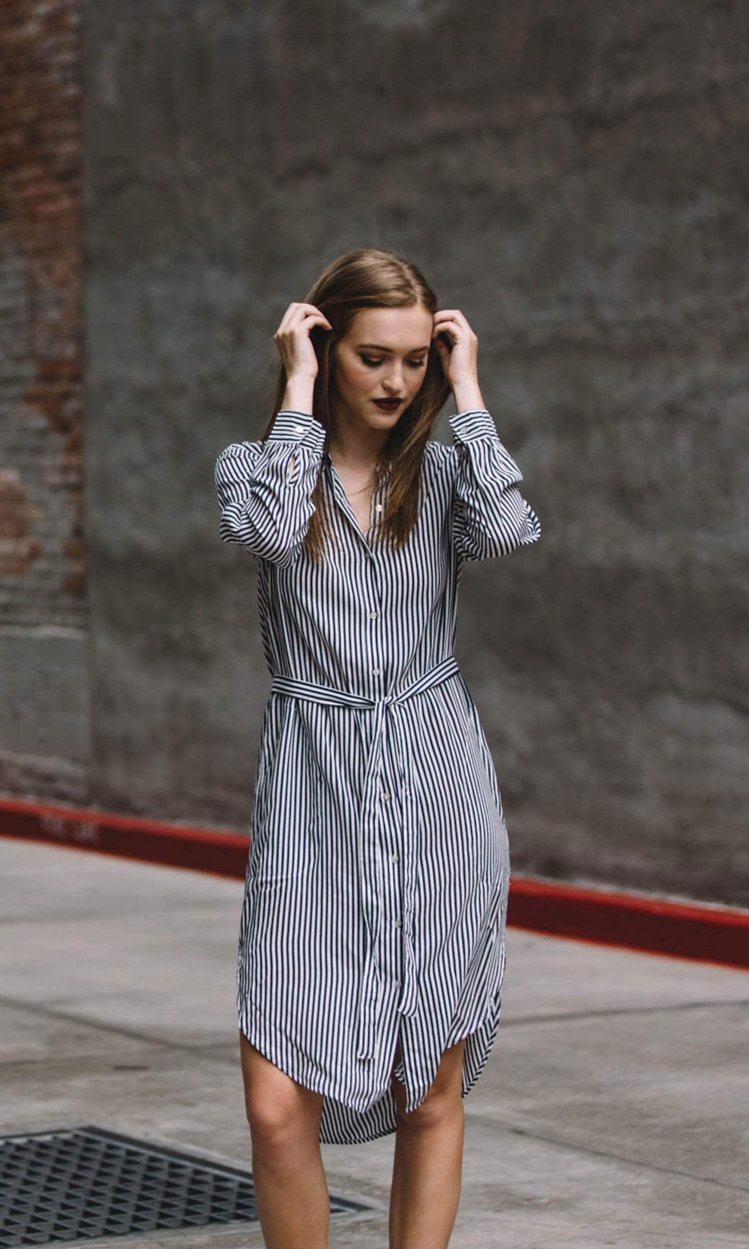 grey striped dress outfit AKIRA Office Siren Striped Shirt Dress